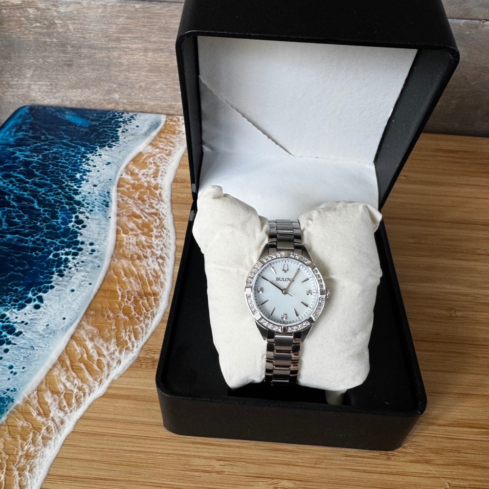 Bulova‎ 96R253 Ladies Stainless Steel MOP Dial Crystal Bezel Quartz Watch